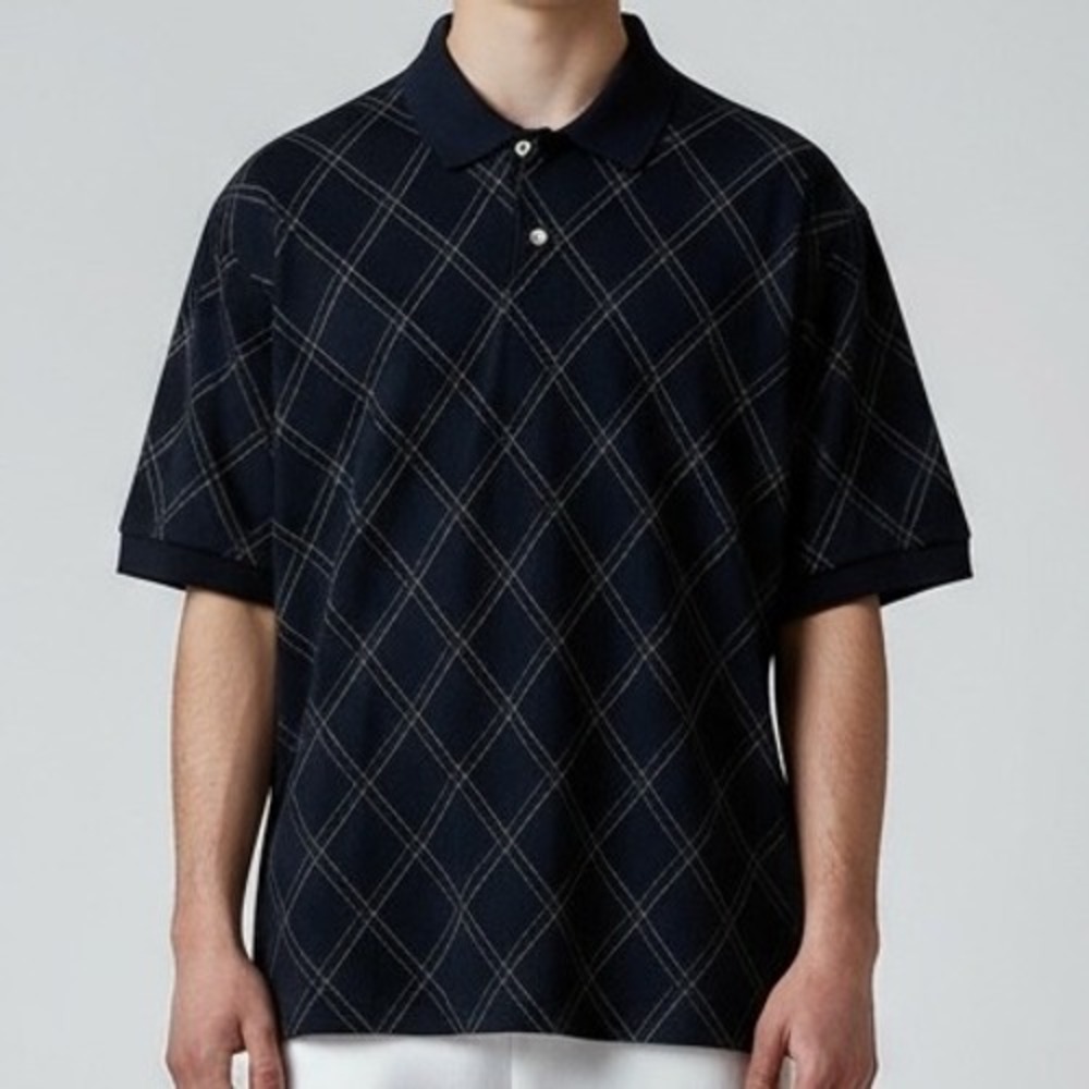 David Taylor Collection‎ Men's Medium Blue Diamond Print Polo Shirt Short Sleeve
